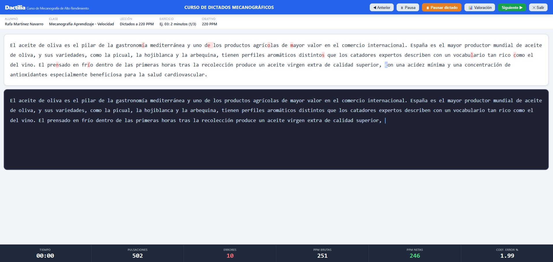 Captura del ejercicio de Dictados en Dactilia